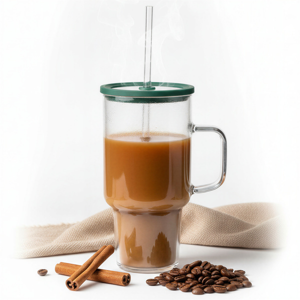 KUBEK BIDON SZKLANY TYPU STANLEY BIG 1,1L PRZEZROCZYSTY Z POKRYWKĄ I SŁOMKĄ