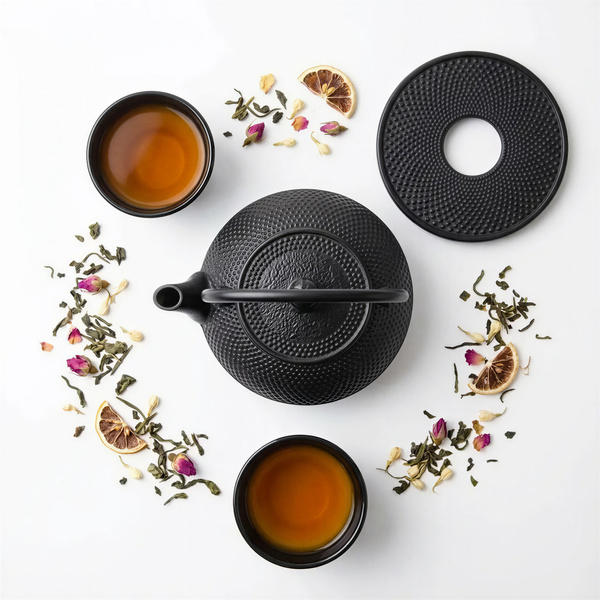 CZAJNIK ŻELIWNY 0,8L IMBRYK ZAPARACZ ZESTAW 2x CZARKI PODSTAWKA CZARNY