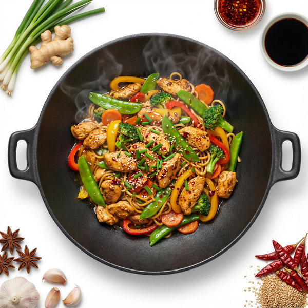 PATELNIA WOK ŻELIWNA PATELNIA 30.5 CM CIĘŻKA ODLEW CZARNA STYLOWA