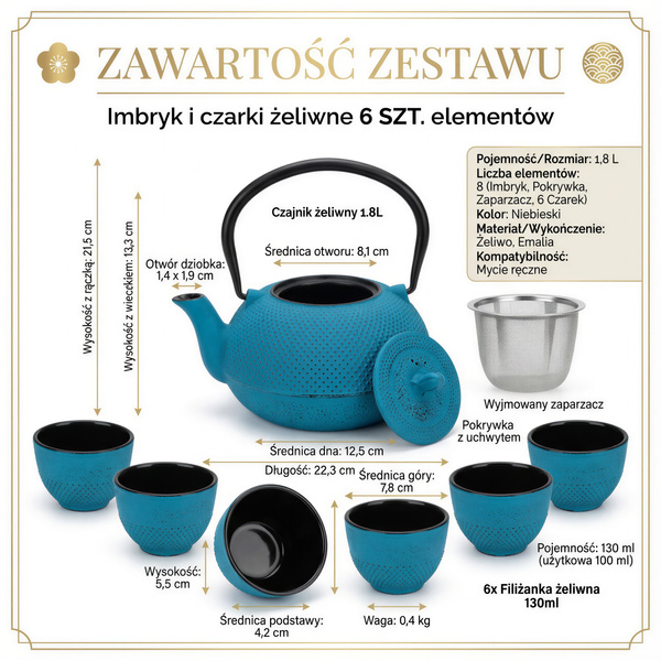 CZAJNIK ŻELIWNY ZAPARZACZ 1,8L Z ZESTAW 6 CZAREK DO HERBATY ZIÓŁ TURKUSOWY