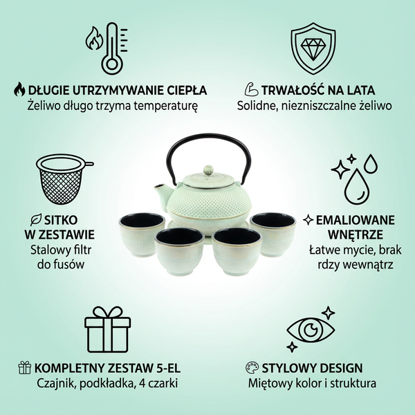 CZAJNIK IMBRYK ŻELIWNY 1,5L ZESTAW 5 SZT. MIĘTOWY Ø 18 CM DO HERBATY