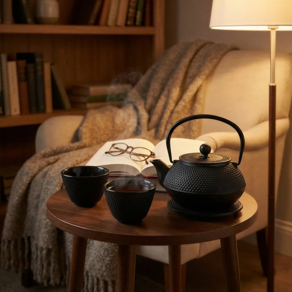 CZAJNIK ŻELIWNY 0,8L IMBRYK ZAPARACZ ZESTAW 2x CZARKI PODSTAWKA CZARNY